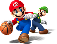 Luigi trying to take the Basketball from Mario.