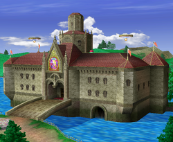 The castle, as seen in the Princess Peach's Castle stage, in Super Smash Bros