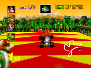 Donkey Kong dashing on a dash panel in Mario Kart 64.