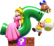 Peach, Yellow Toad, Goomba Blue Toad, and an Inchworm Pipe