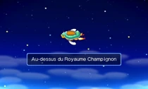 Le tortue-jet survolant le royaume Champignon.