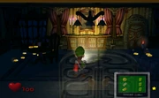 Gameplay screenshot of Luigi in the Parlor, one of the first rooms accessed, before its lights are turned on, which occurs in a room once every ghost is captured