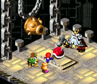 Mario using his  attack on Smithy during the first battle
