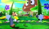 Luigi on a flower garden course with a Giant Goomba.