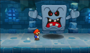 Mario near a Whomp in the beta version of Paper Mario: Sticker Star.