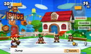 Mario battling the 3 Goombas in Decalburg