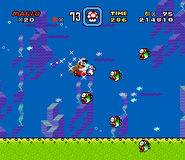 Mario in der Stern-Verwandlung und ein blauer Baby Yoshi