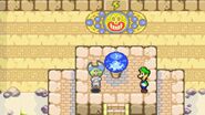 Luigi learning how to use the Thunderhand from the Thunder God in the Thunder Temple.
