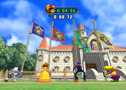 Mario Party 8 gameplay screenshot of the characters competing to crank up their flag first in Crank to Rank