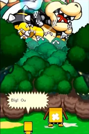 Goonies fly away upon the sight of Giant Bowser.