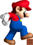 New Super Mario Bros. artwork of Mega Mario stepping on a Brick Block