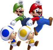 Mario jumping together with , , and  in 