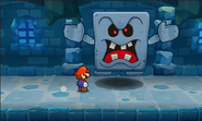 A Whomp trying to crush Mario; they are not overworld enemies in the final version.