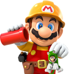 Mario seul, tenant un tuyau rouge et un Luigi chat