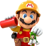 Mario seul, tenant un tuyau rouge et un Luigi chat