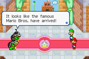 Mario & Luigi: Superstar Saga screenshot of the Border Bros. greeting Mario and Luigi