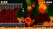 The Mario Bros. avoid the volcanic debris.