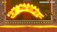 A Charvaargh leaping over Mario near two Fire Piranha Plants.