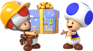 Toad constructeur offrant un niveau emballé dans du paquet cadeau à Toad bleu