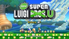 The game's title screen, set in Acorn Plains. At the center is a "NEW" color green title, the "Bros" has an green X mark locked, and game title. Luigi, Yellow Toad, Blue Toad and Nabbit are seen walking.