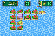 Melon Folley EU screenshot.png (8 KB) Gameplay screenshot of the European version, featuring a pear at the end instead