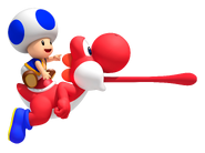 Blue Toad on Red Yoshi, the latter not appearing in the final game