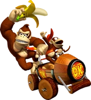 Artwork of Donkey Kong and Diddy Kong, the former holding a peeled Giant Banana, for Mario Kart: Double Dash!!