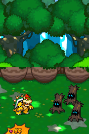 Bowser battling Treevils in Mario & Luigi: Bowser's Inside Story