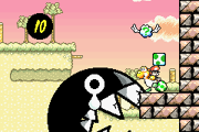 A Chomp Shark is defeated in Marching Milde's Fort in Yoshi's Island: Super Mario Advance 3