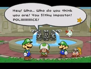 Paper Mario: The Thousand-Year Door screenshot of Toadia yelling at Luigi, believing Mario to be the real one
