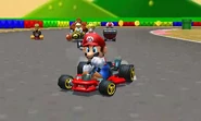 Mario driving a Mario Kart 64-style kart while racing in SNES Mario Circuit 2.