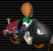 A male Mii's Bullet Bike, colored black with a cherry-red back.