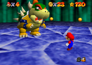 Bowser fighting Mario in Bowser in the Dark World in Super Mario 64