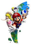 Princess Peach, Mario, FLUDD, and Blue Toad falling through a streak of goop