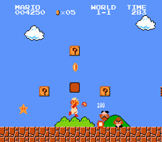 Gameplay screenshot of  in the iconic first level, , shooting down Goombas with fireballs while a Starman bounces away