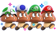 Goomba Mario, Goomba Luigi, Goomba Blue Toad, and Goomba Yoshi