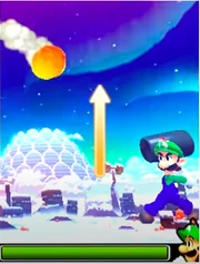 Giant Luigi about to hammer-back a Lava Fireball.