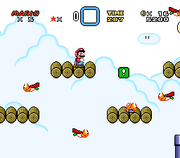 Mario standing on a bridge between several Super Koopas in Butter Bridge 2 in Super Mario World