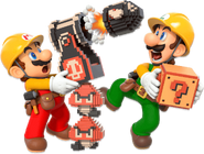 Builder Mario and Builder Luigi with many 3D 8-bit styled objects.