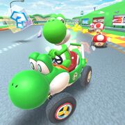 Yoshi in the Turbo Yoshi, racing with  and  on GCN Yoshi Circuit.