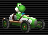 Yoshi's Classic Dragster, which has a white body, light green stripes, green rims, light blue windshield, and bronze dual-exhaust