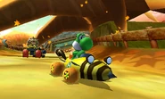 Yoshi in the Bumble V, racing on Wii Maple Treeway.