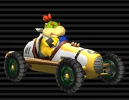 Bowser Jr.'s Classic Dragster, which has a white body, yellow stripes, green rims, blue windshield, and brown dual-exhaust.