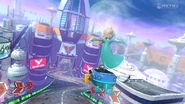 Rosalina performs a trick while approaching the finish line.