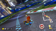 Drifting on another turn, with a incoming Red Shell that gets destroyed somehow.