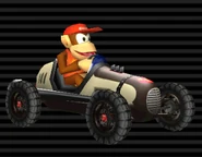 Diddy Kong's Classic Dragster, which has a beige body, ebony stripes, midnight blue windshield, black rims & dual-exhaust.