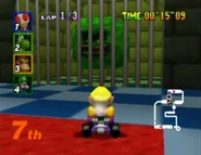 Wario looking at Marty the Thwomp.