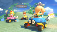 Baby Rosalina racing with Baby Peach and Baby Daisy, on their personal Biddybuggy karts.