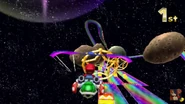Mario gliding, about to approach some stars.