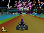 Waluigi racing in his Zipper at his own track, Waluigi Pinball.